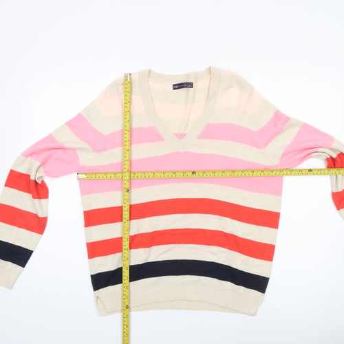 Marks and Spencer Womens Multicoloured V-Neck Striped Cotton Jumper M