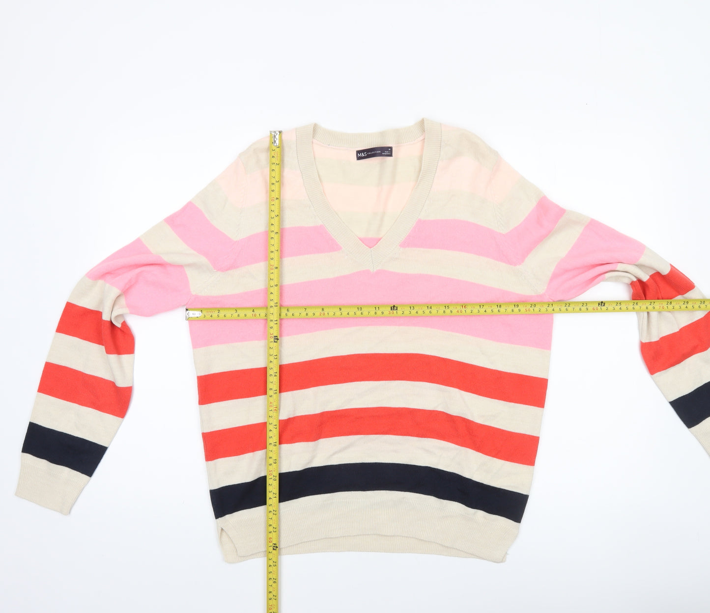 Marks and Spencer Womens Multicoloured V-Neck Striped Cotton Jumper M