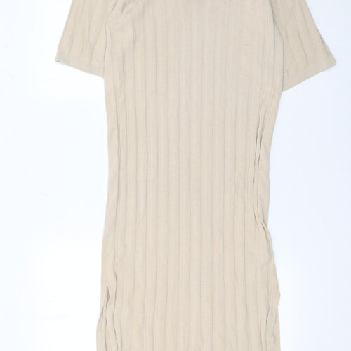 H&M Women Beige Collared Midi Bodycon Knit Dress XS