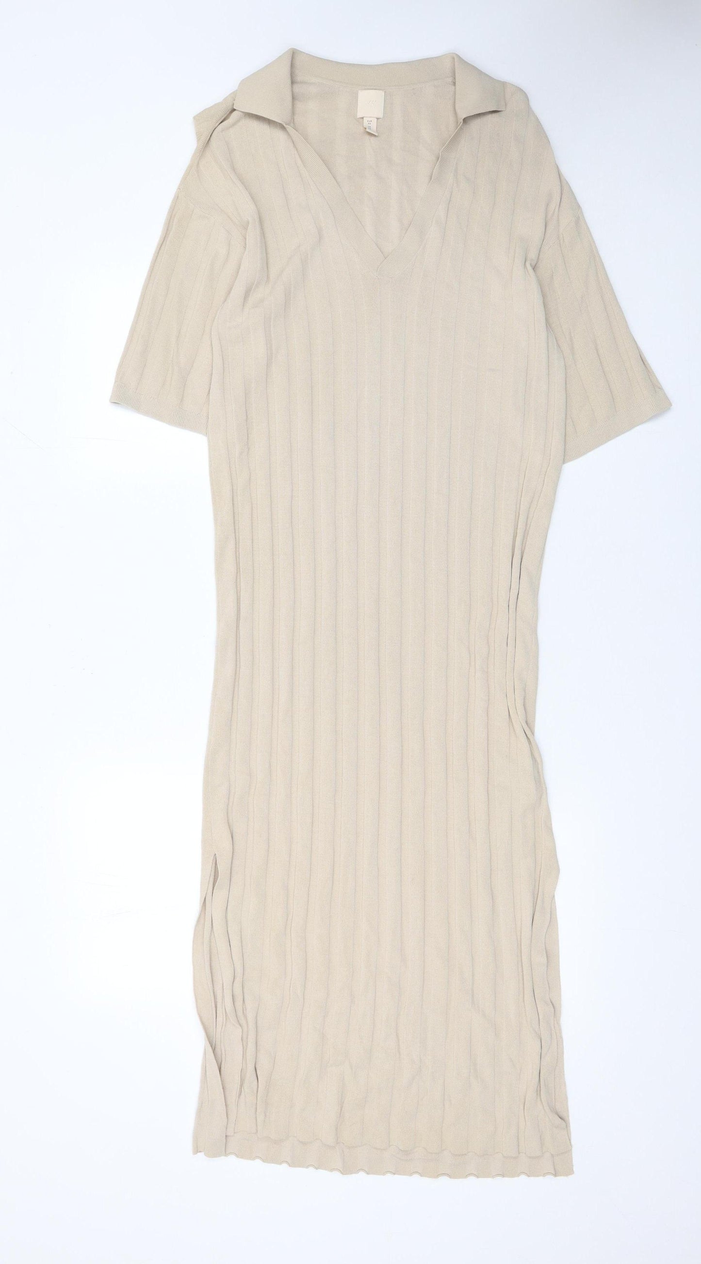 H&M Women Beige Collared Midi Bodycon Knit Dress XS