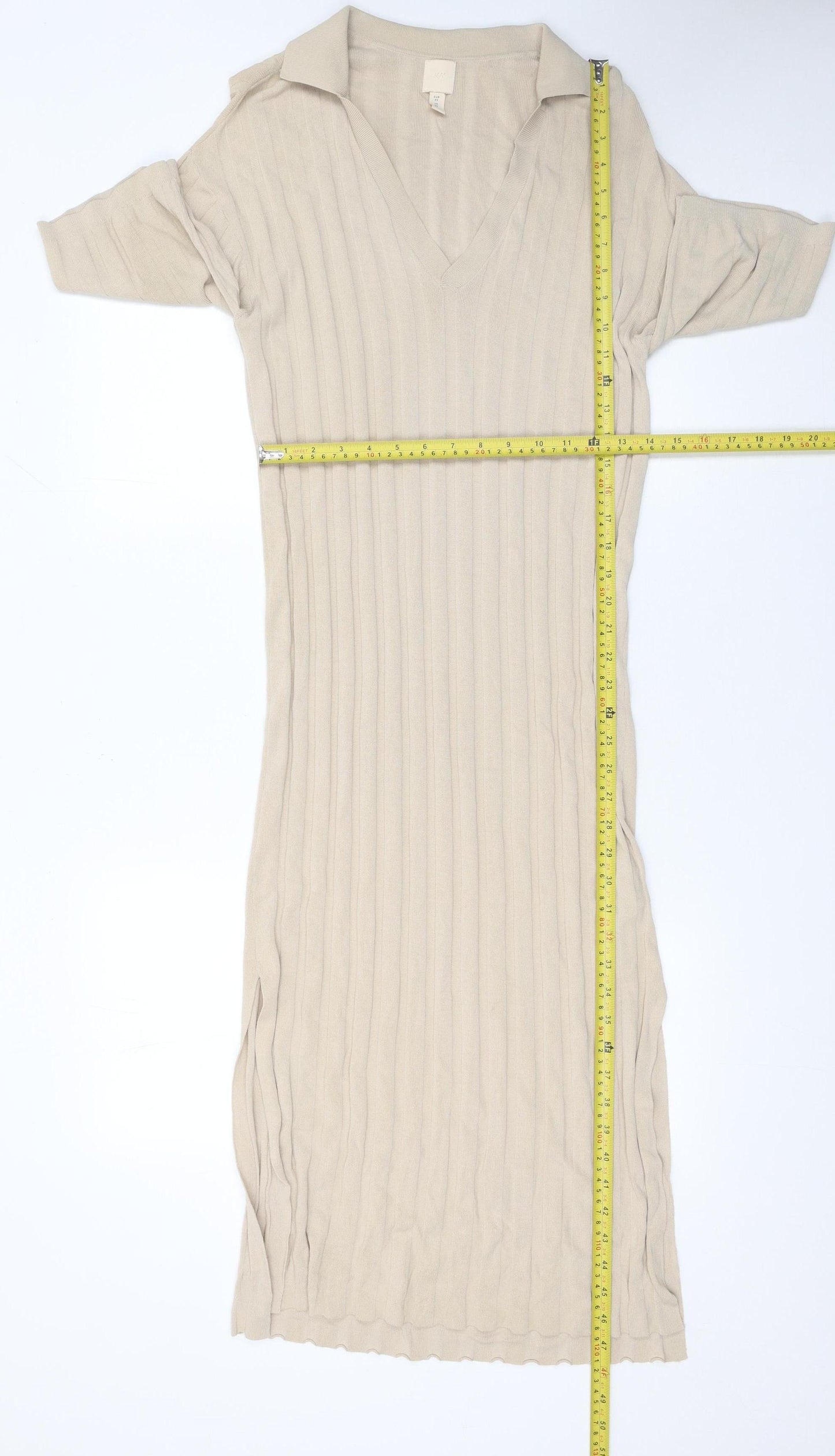 H&M Women Beige Collared Midi Bodycon Knit Dress XS