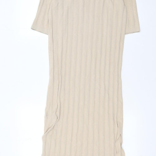 H&M Women Beige Collared Midi Bodycon Knit Dress XS