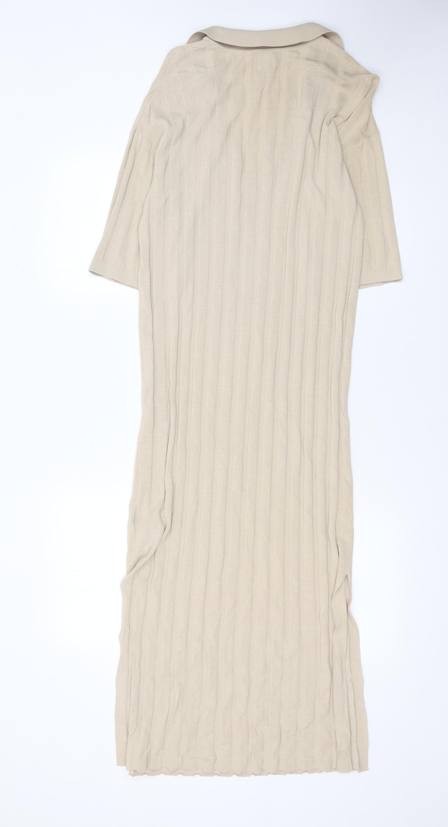 H&M Women Beige Collared Midi Bodycon Knit Dress XS