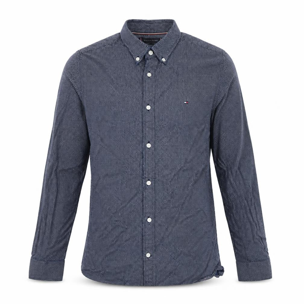 Front view of Tommy Hilfiger Men Blue Long Sleeve Button-Up Cotton Shirt L