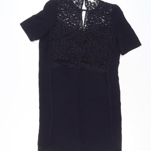 Whistles Women's Blue Lace Shift Dress Size 10 Short Sleeve Knee Length