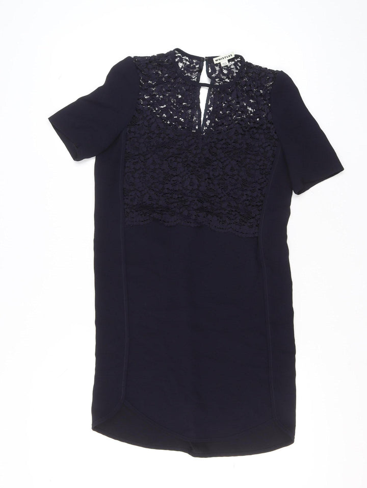 Whistles Women's Blue Lace Shift Dress Size 10 Short Sleeve Knee Length