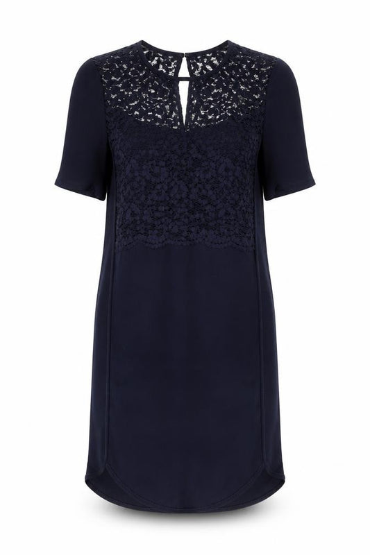 Front view of Whistles Women's Blue Lace Shift Dress, size 10, Short Sleeve Knee Length