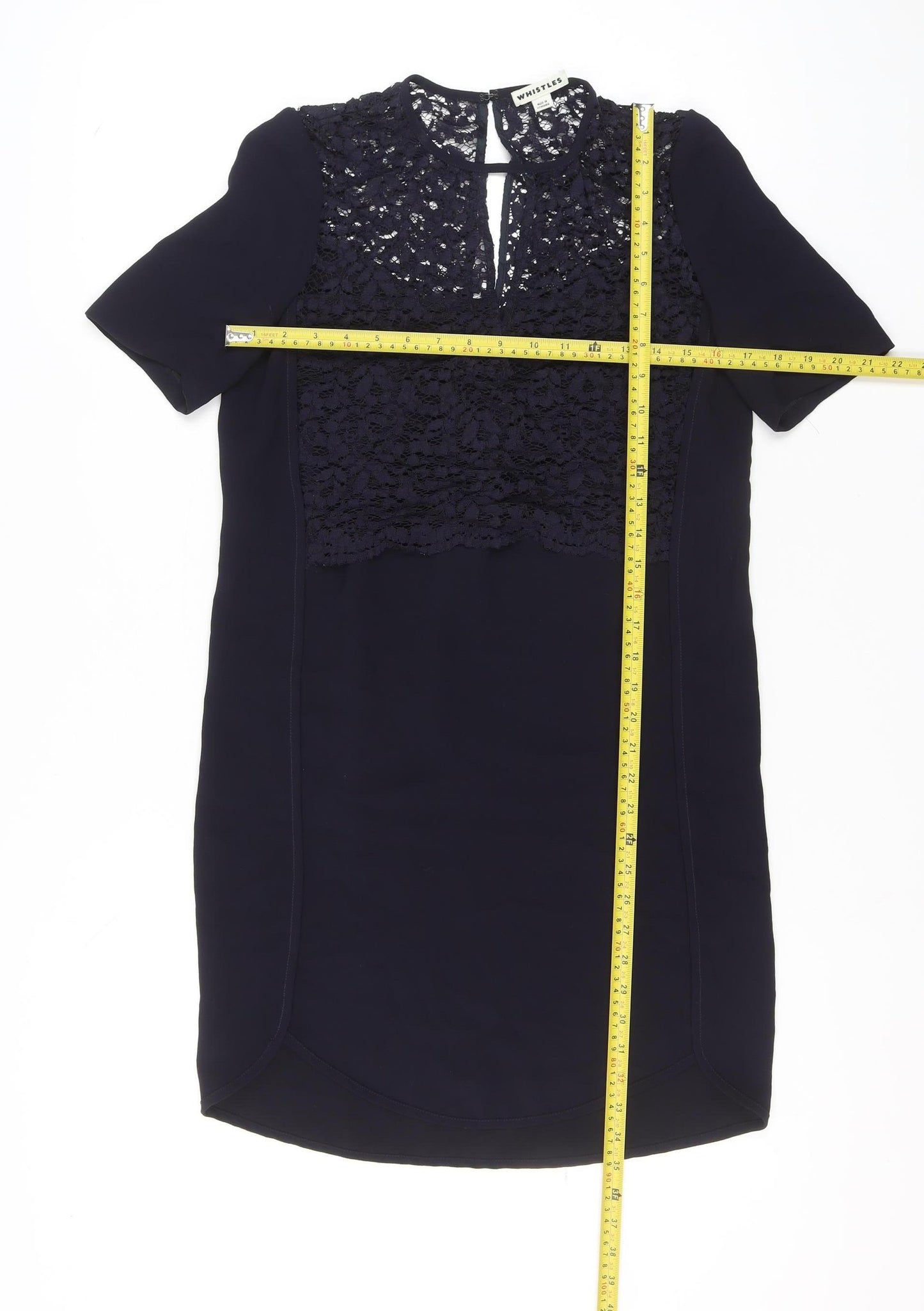 Whistles Women's Blue Lace Shift Dress Size 10 Short Sleeve Knee Length