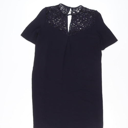 Whistles Women's Blue Lace Shift Dress Size 10 Short Sleeve Knee Length