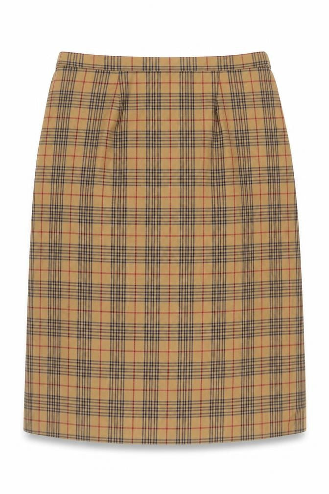 Front view of Women's Beige Checked Wool Pencil Skirt, size 18, Knee Length Lined