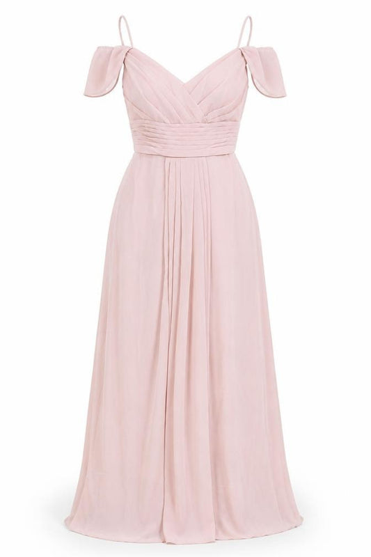 Front view of Infinite by Wed2B Women’s Pink Long Ball Gown Chiffon Dress 8-10