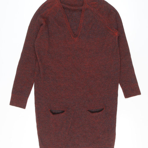 Nicole Farhi Women's Red Wool Long Sleeve V-Neck Tunic Jumper M