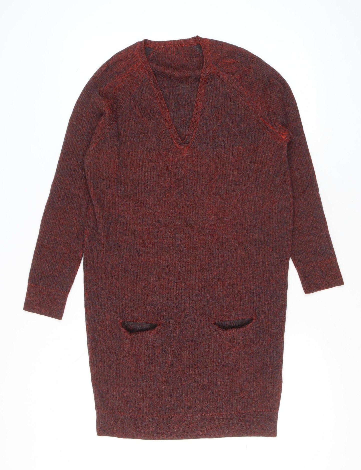 Nicole Farhi Women's Red Wool Long Sleeve V-Neck Tunic Jumper M