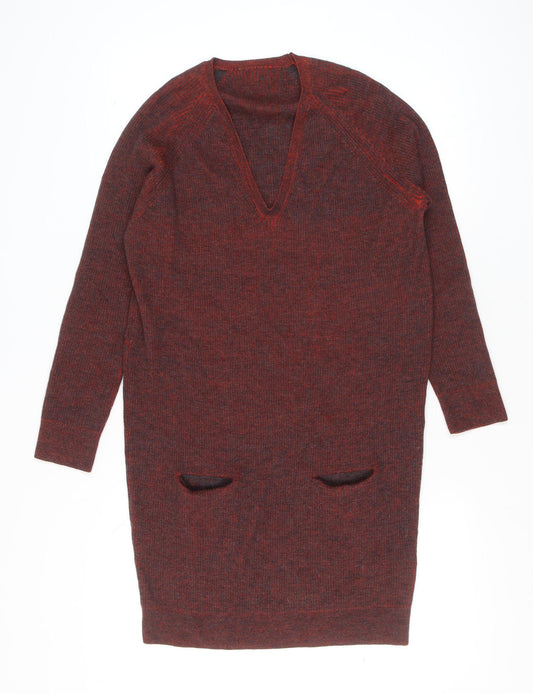 Nicole Farhi Women's Red Wool Long Sleeve V-Neck Tunic Jumper M