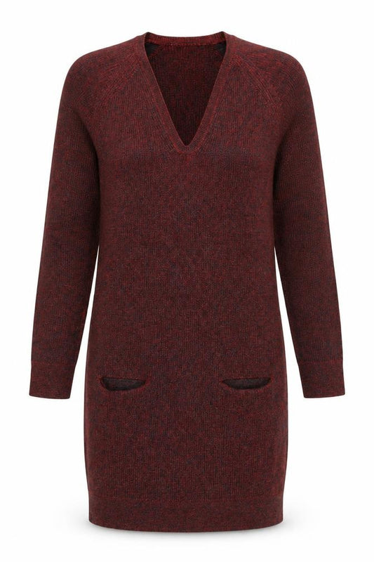 Front view of Nicole Farhi Women's Red Wool Long Sleeve V-Neck Tunic Jumper M