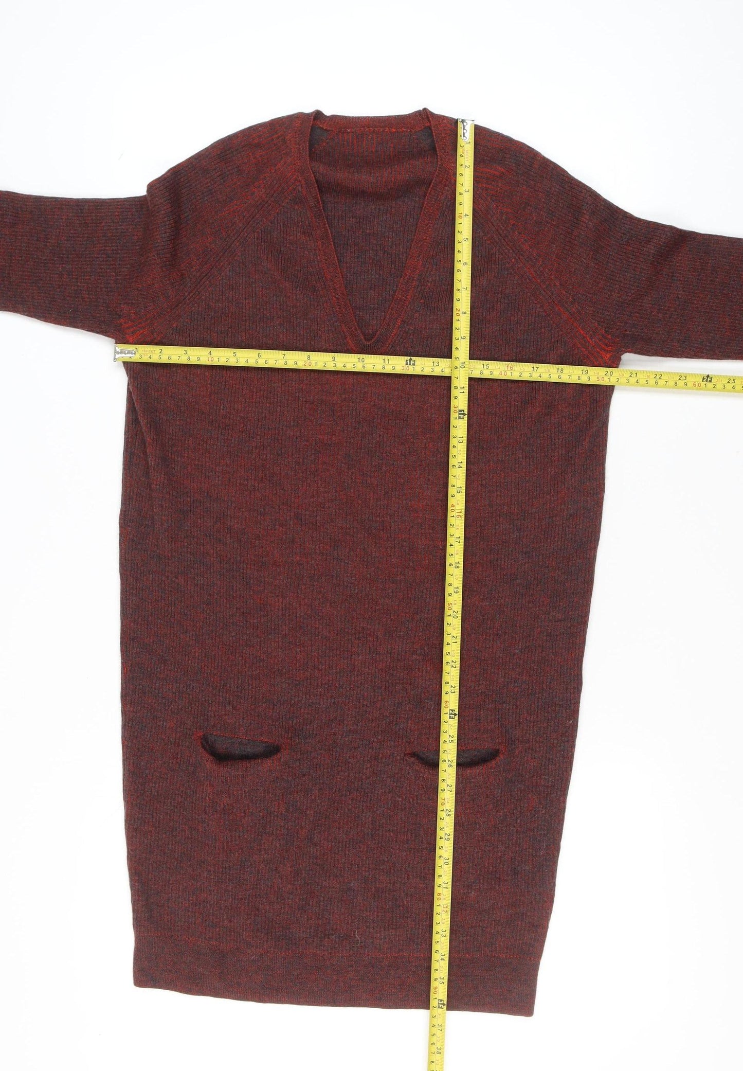 Nicole Farhi Women's Red Wool Long Sleeve V-Neck Tunic Jumper M