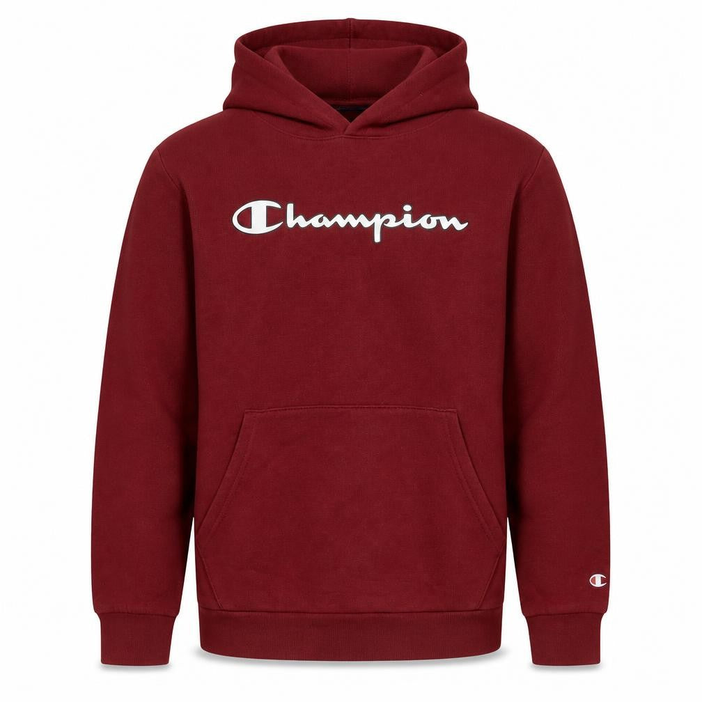 Front view of Champion men’s red pullover hoodie logo fleece sweatshirt, size S