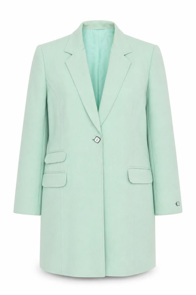 Front view of Country Casuals women’s green long overcoat, size UK 18, lined buttoned formal
