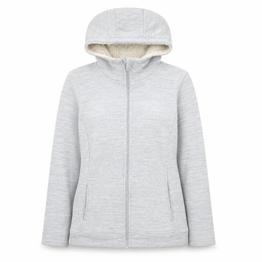 Front view of Mountain Warehouse women’s grey hooded fleece jacket, size UK 12