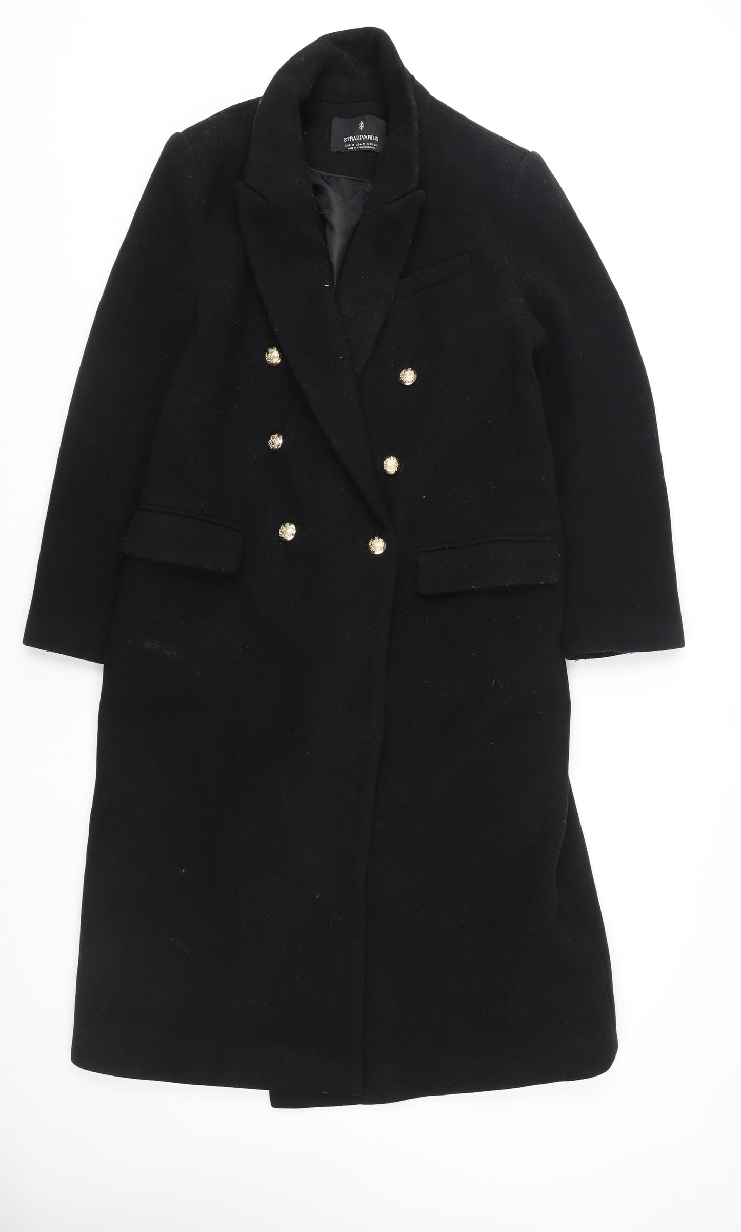 Stradivarius Women's Black Wool Military Coat Size 12 Long Sleeve