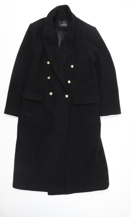 Stradivarius Women's Black Wool Military Coat Size 12 Long Sleeve