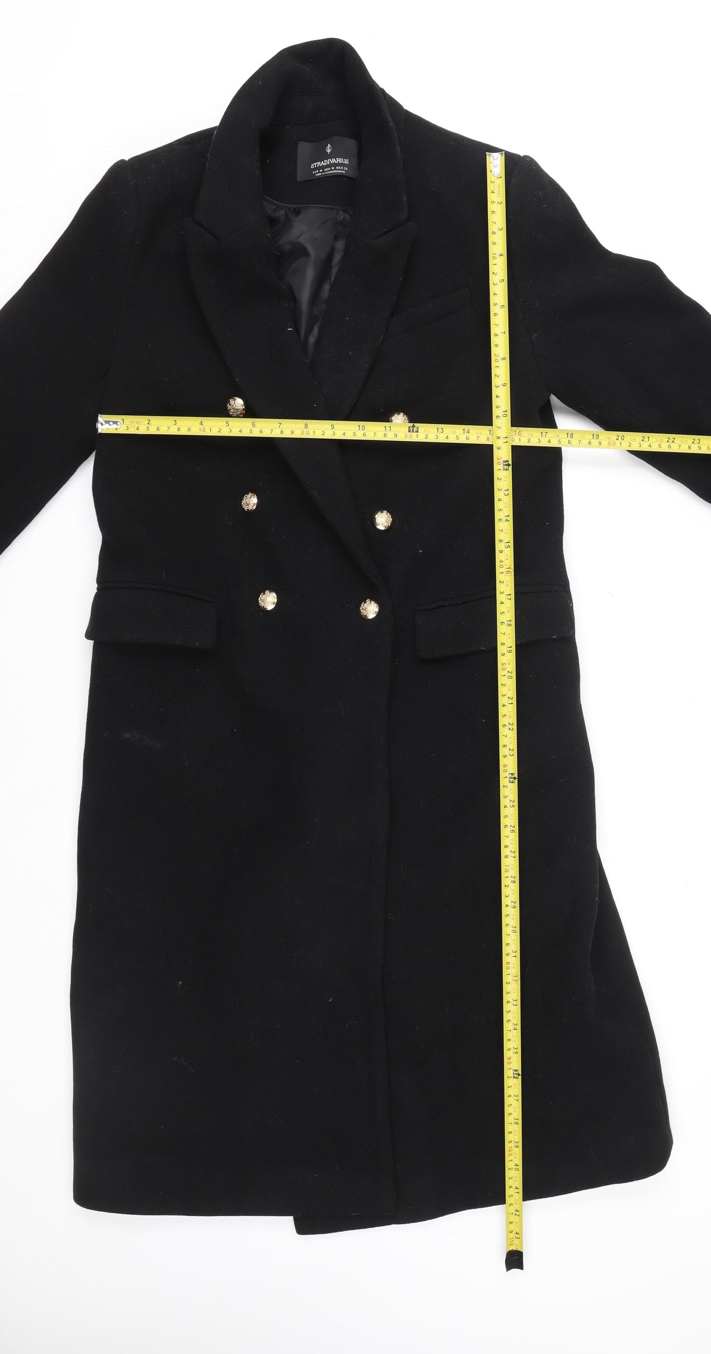 Stradivarius Women's Black Wool Military Coat Size 12 Long Sleeve