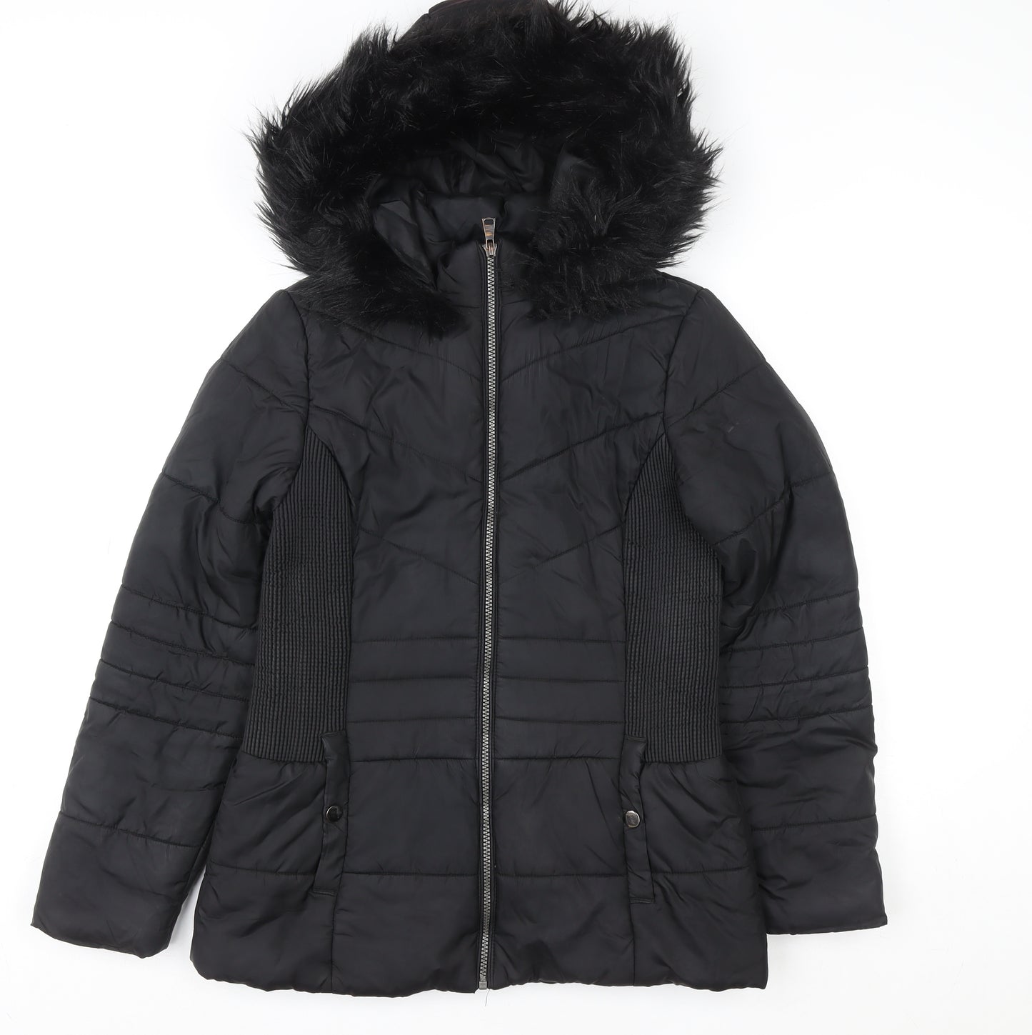 Very Women's Black Hooded Puffer Jacket Size 12 with Faux Fur Trim