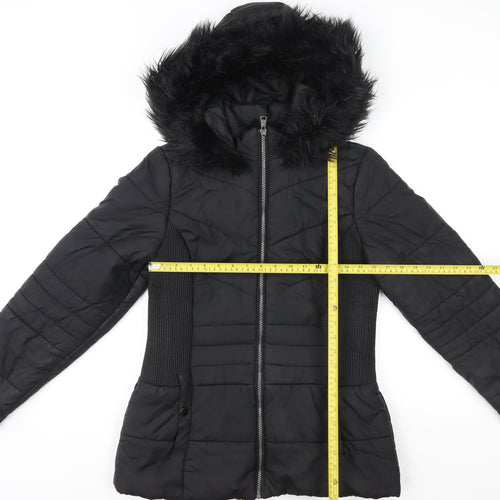 Very Women's Black Hooded Puffer Jacket Size 12 with Faux Fur Trim