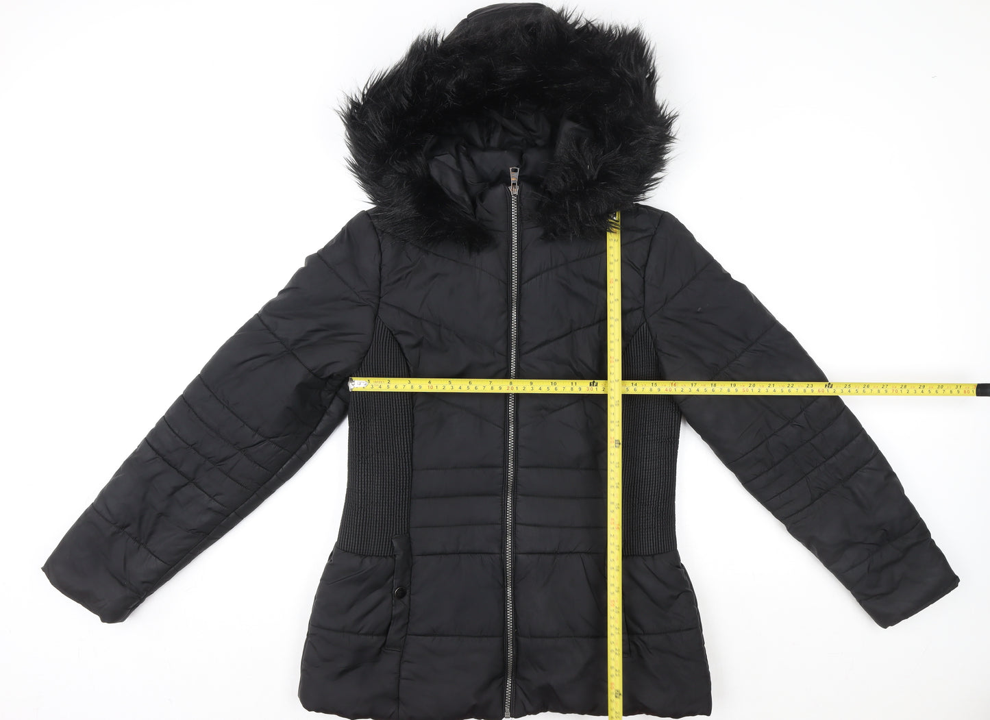 Very Women's Black Hooded Puffer Jacket Size 12 with Faux Fur Trim