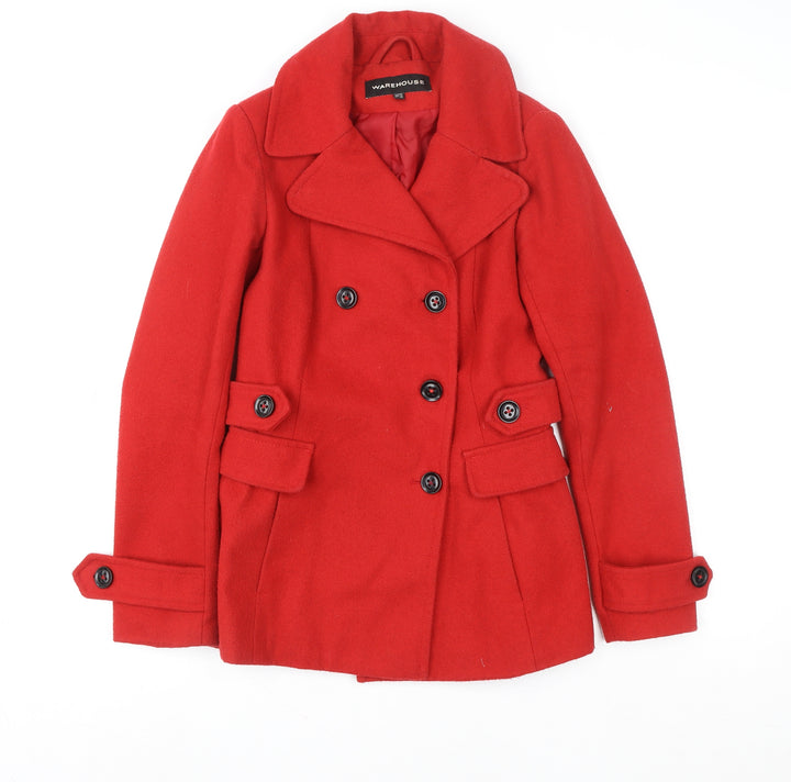 Warehouse Women’s Red Wool Blend Pea Coat UK 10 Classic Mid-Length