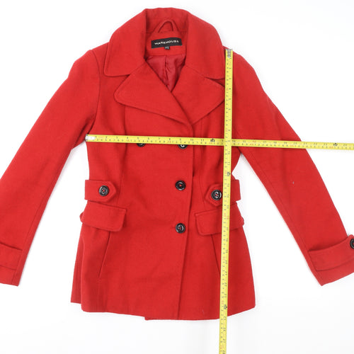 Warehouse Women’s Red Wool Blend Pea Coat UK 10 Classic Mid-Length