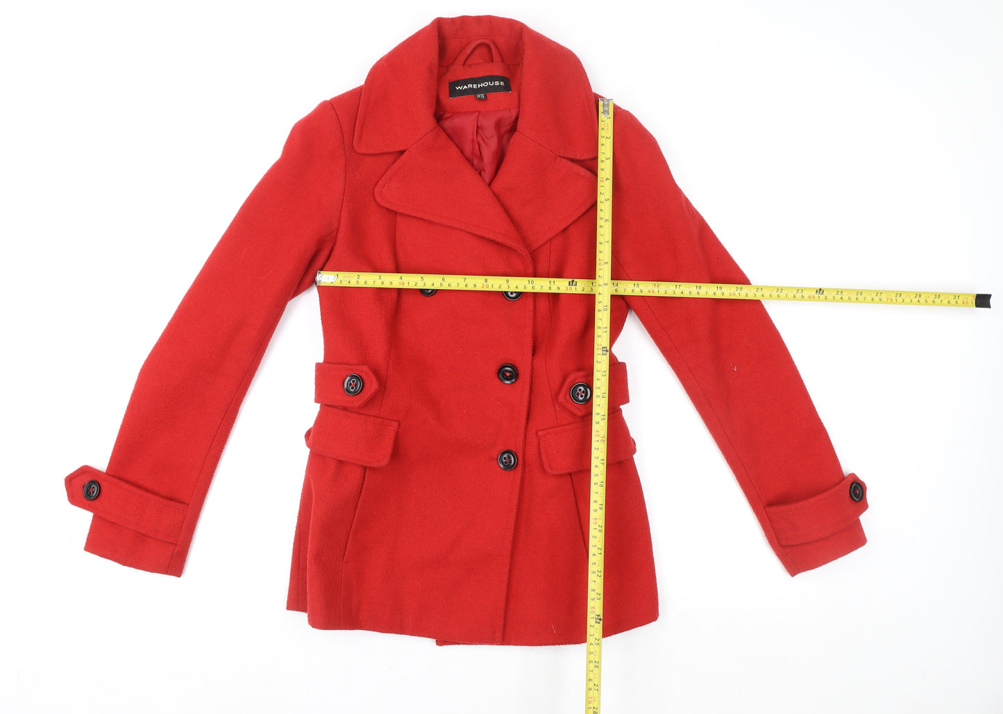 Warehouse Women’s Red Wool Blend Pea Coat UK 10 Classic Mid-Length
