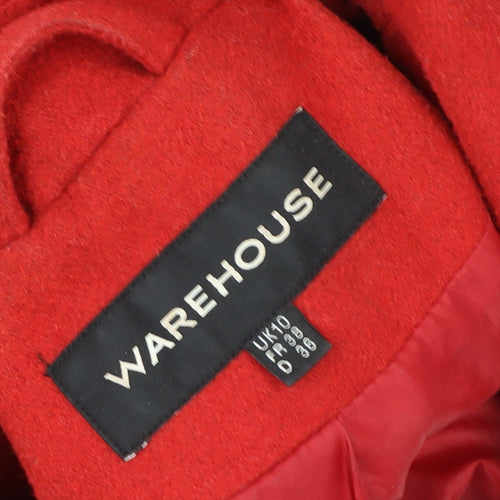 Warehouse Women’s Red Wool Blend Pea Coat UK 10 Classic Mid-Length