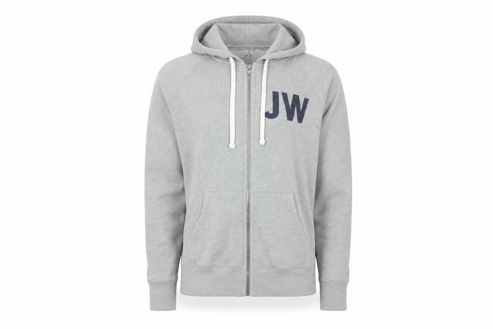 Front view of Jack Wills Men's Grey Full Zip Hoodie, size M, British Graphic