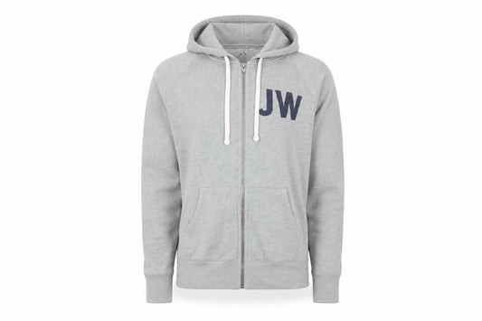 Front view of Jack Wills Men's Grey Full Zip Hoodie, size M, British Graphic
