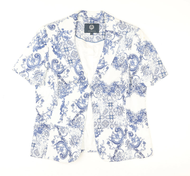 Viyella Women's White Blue Floral Short Sleeve Tunic Blouse Size 16