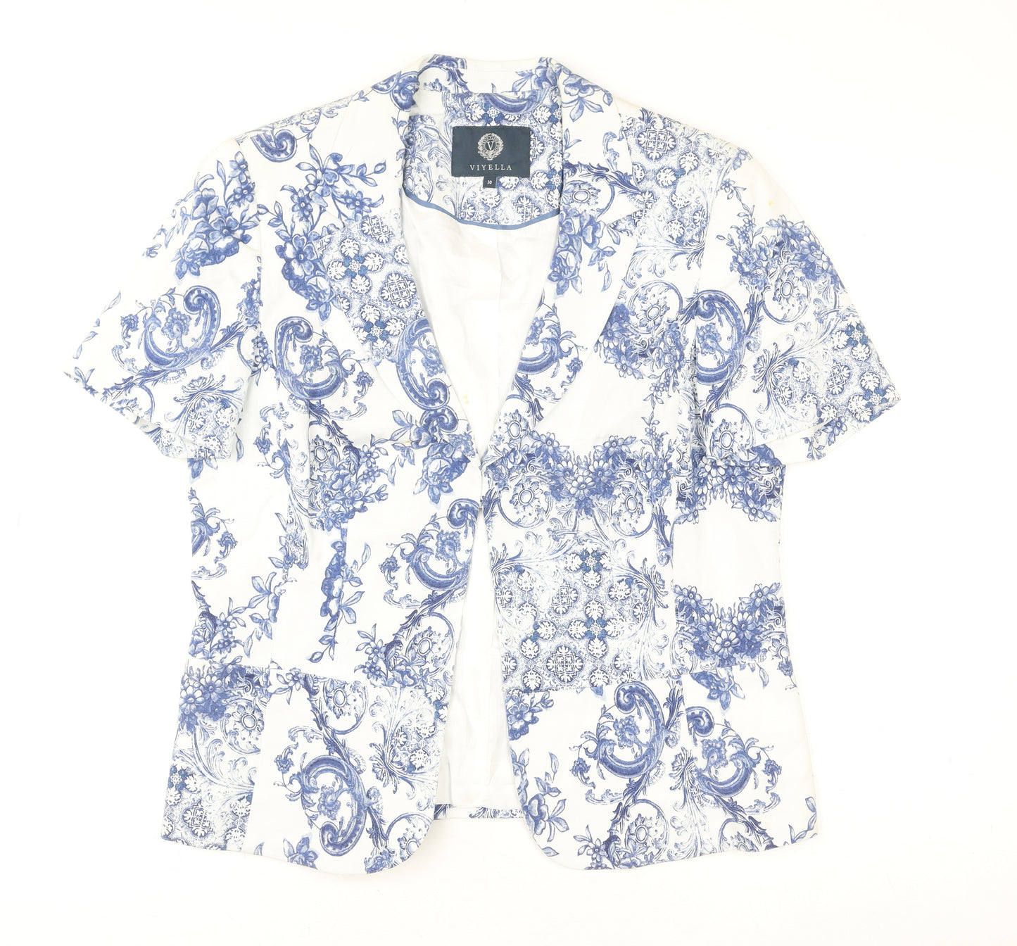 Viyella Women's White Blue Floral Short Sleeve Tunic Blouse Size 16