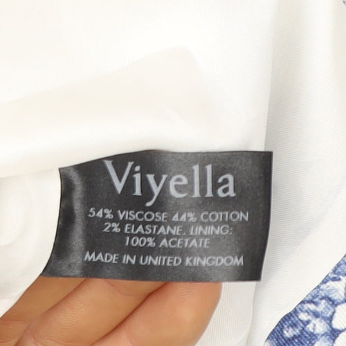 Viyella Women's White Blue Floral Short Sleeve Tunic Blouse Size 16