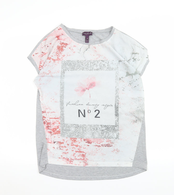Long Tall Sally Womens Grey Pink Graphic Short Sleeve T-Shirt XS