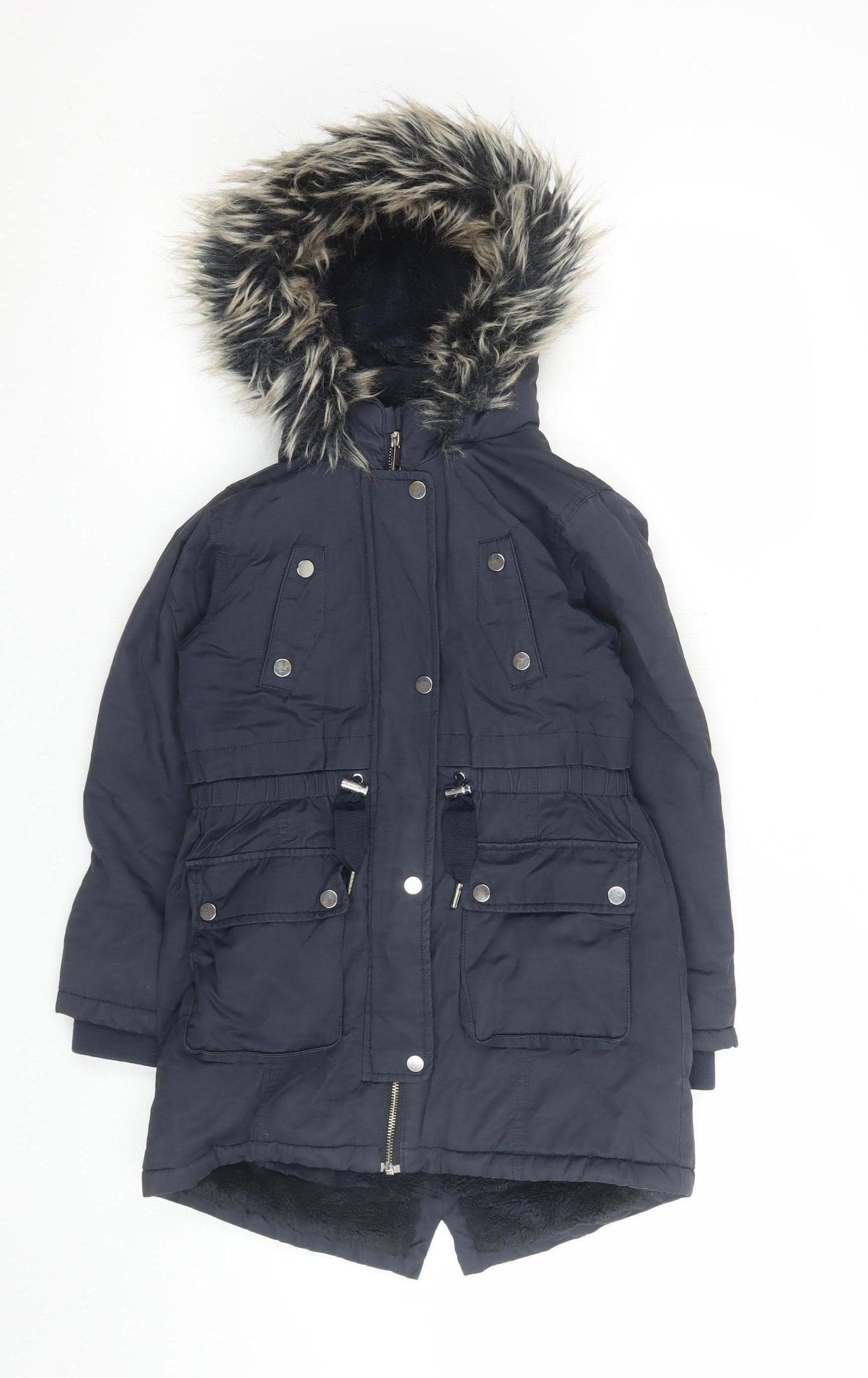 Next Girls Blue Faux Fur Hooded Parka Coat 9 Years Winter Lined Jacket