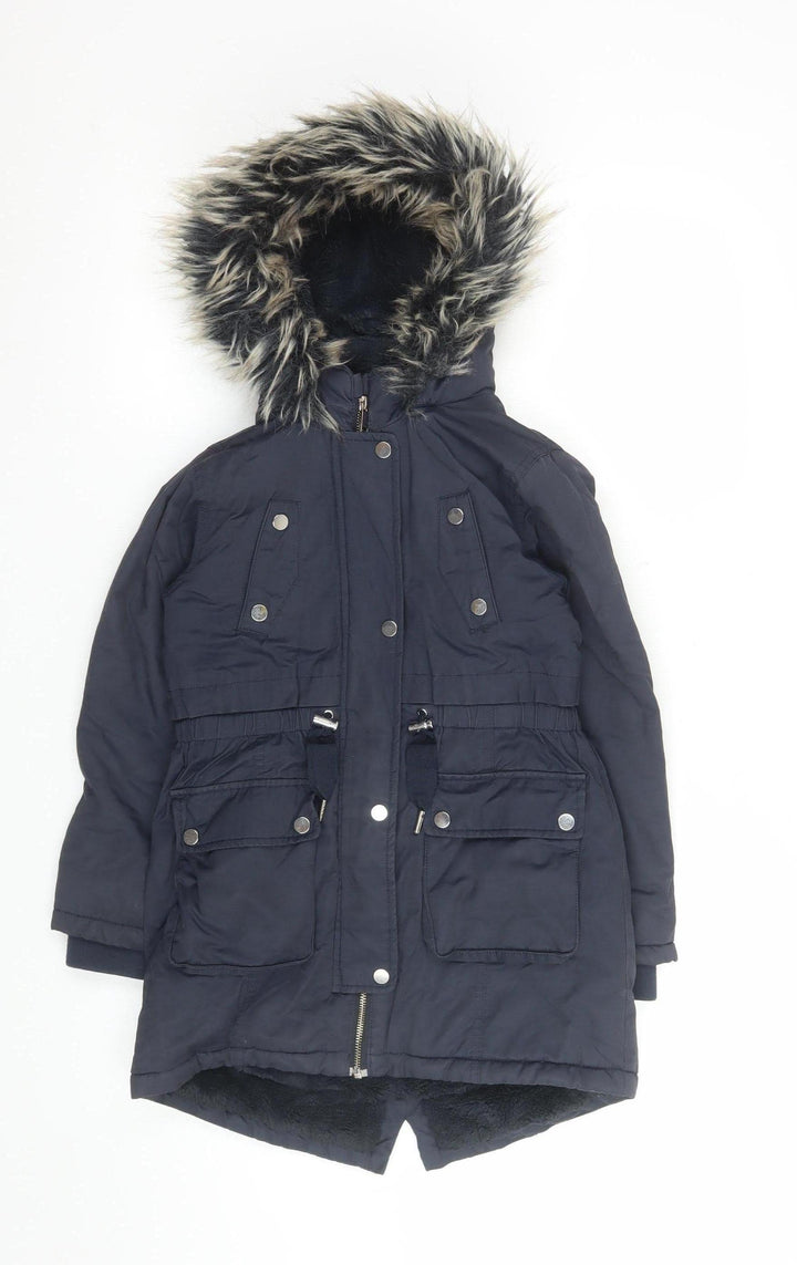 Next Girls Blue Faux Fur Hooded Parka Coat 9 Years Winter Lined Jacket