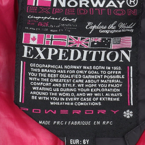 Geographical Norway Girls Black Hooded Puffer Coat 6 Years Winter Jacket