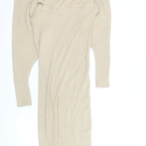 PrettyLittleThing Women’s Beige Off Shoulder Ribbed Midi Bodycon Dress Size M