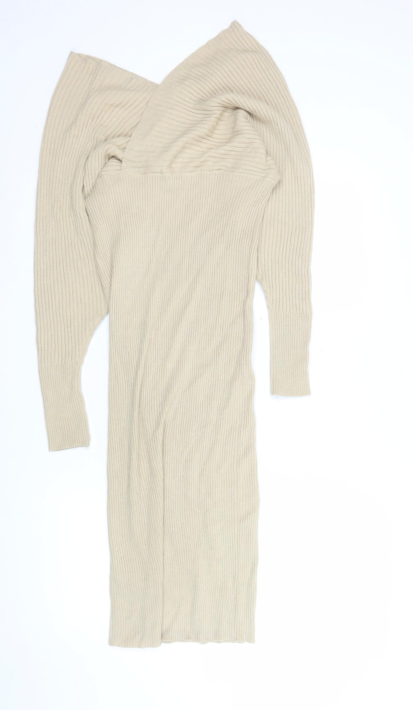 PrettyLittleThing Women’s Beige Off Shoulder Ribbed Midi Bodycon Dress Size M