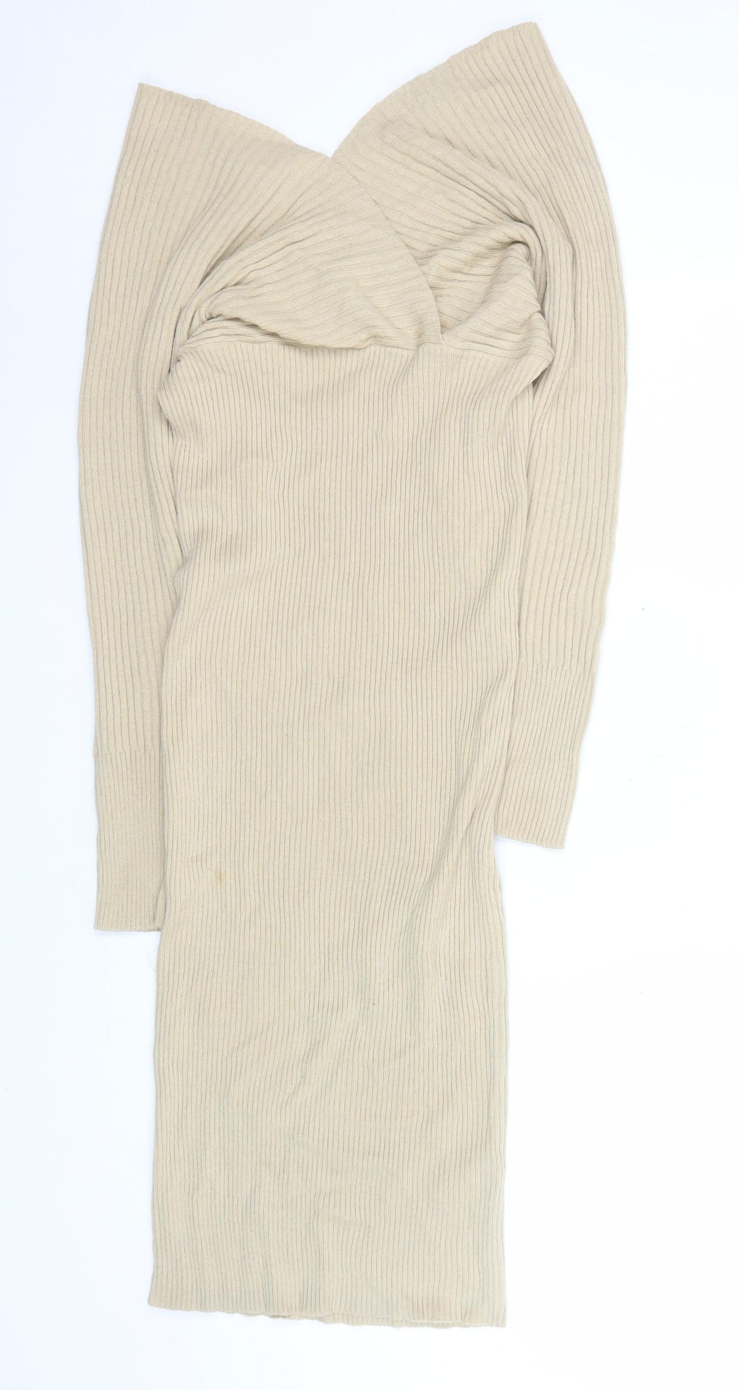 PrettyLittleThing Women’s Beige Off Shoulder Ribbed Midi Bodycon Dress Size M