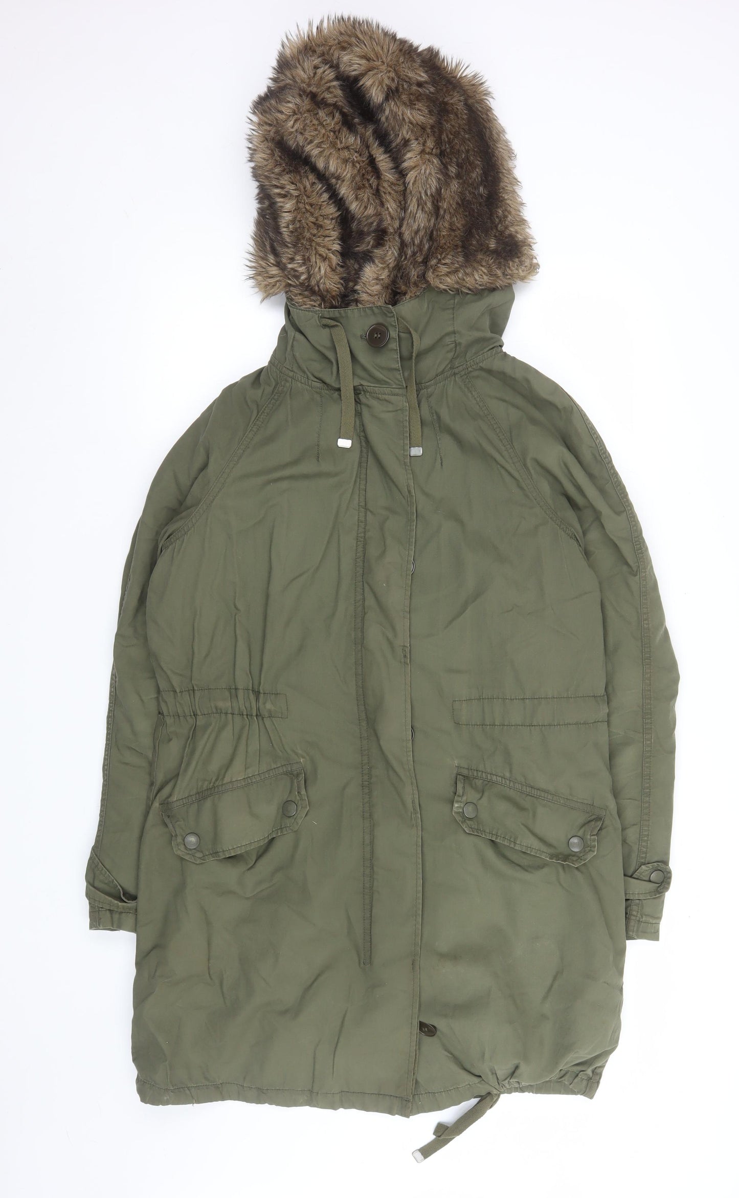 Topshop Women Green Faux Fur Hooded Parka Coat Size 6