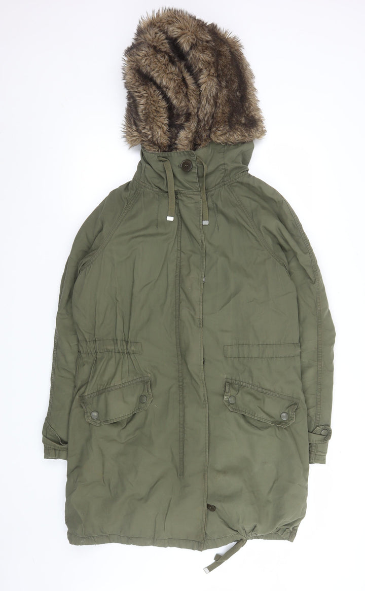Topshop Women Green Faux Fur Hooded Parka Coat Size 6