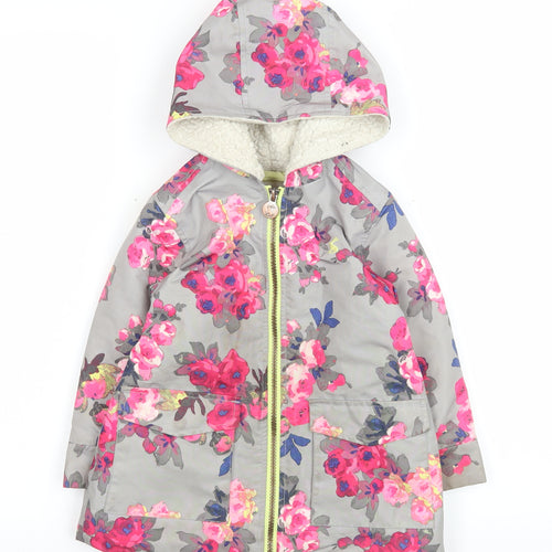 Joules Girls Grey Floral Hooded Rain Coat 3 Years Lined Waterproof