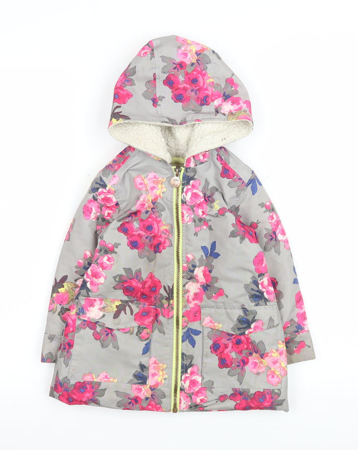 Joules Girls Grey Floral Hooded Rain Coat 3 Years Lined Waterproof