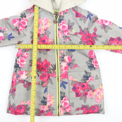 Joules Girls Grey Floral Hooded Rain Coat 3 Years Lined Waterproof